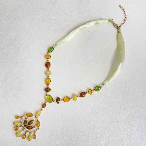 Dangling Pendant Necklace Brown Green Yellow Faceted StonesRibbon Neckline - Picture 2 of 13